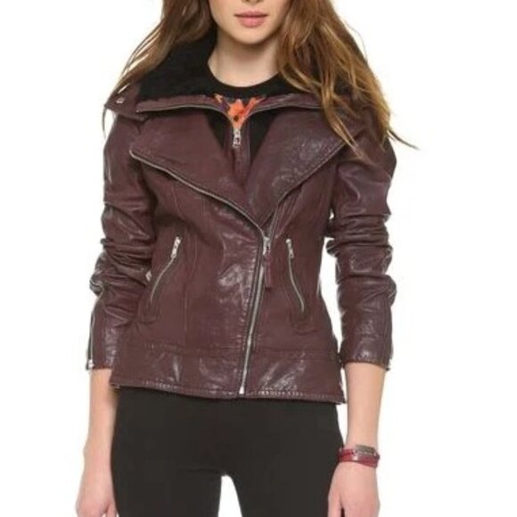 Small Petite, SP ❤️ Mackage Burgundy Red Lamb Leather Moto Riding Biker Jacket